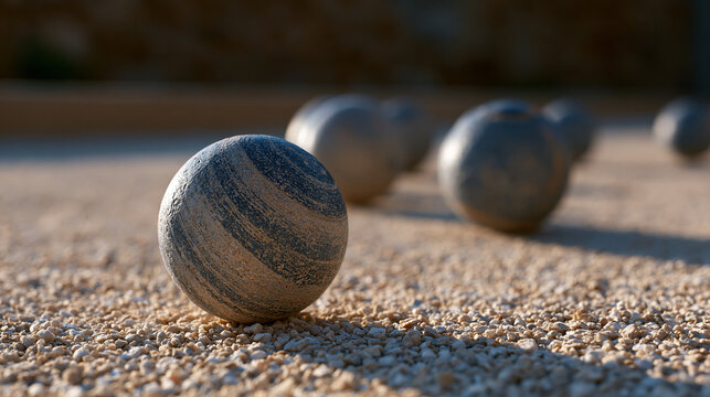 p&eacute;tanque cochonnet jack resting alone on gravel in foreground with circle of boules surrounding it, late afternoon shadow stretching across dusty village court, single object