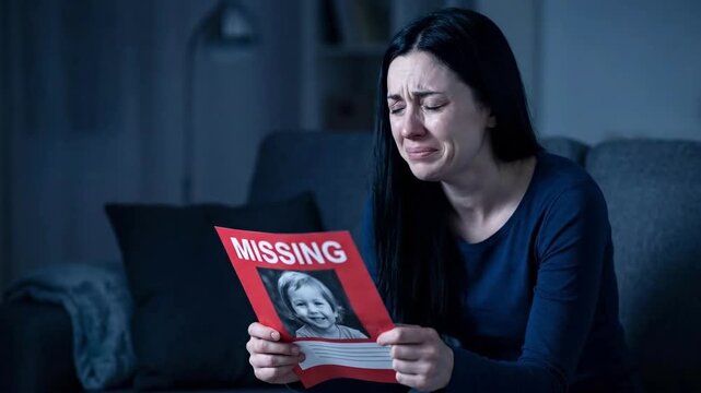 Woman holding missing girl poster on couch in dim living room. Upset mother worried about lost daughter. Awareness concept for international day of missing children