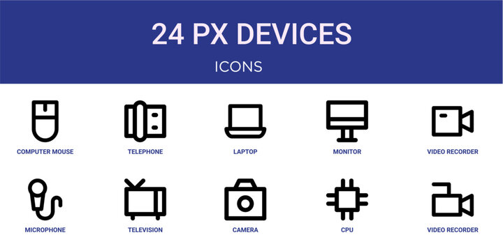 Set of 10 outline web 24 Px Devices icons such as video recorder, cpu, camera, television, microphone, video recorder, monitor vector icons for report, presentation, diagram, web design, mobile app