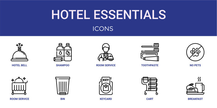 Set of 10 outline web Hotel Essentials icons such as breakfast, cart, keycard, bin, room service, No pets allowed, toothpaste vector icons for report, presentation, diagram, web design, mobile app