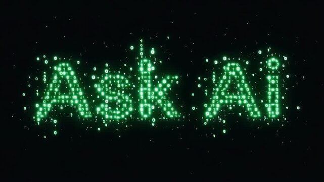 Ask ai text formed from glowing green binary code digits creates a dynamic motion animation sequence with flickering numbers against a deep dark void backdrop while data streams flow continuously to p