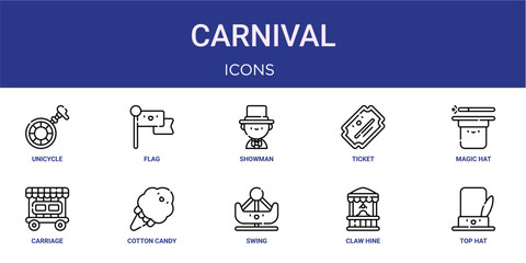 Set of 10 outline web Carnival icons such as top hat, claw hine, swing, cotton candy, carriage, magic hat, ticket vector icons for report, presentation, diagram, web design, mobile app © Jonas