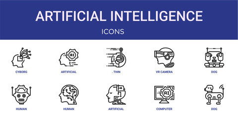 Fototapeta premium Set of 10 outline web Artificial Intelligence icons such as dog, computer, artificial intelligence, human, human, dog, vr camera vector icons for report, presentation, diagram, web design, mobile app