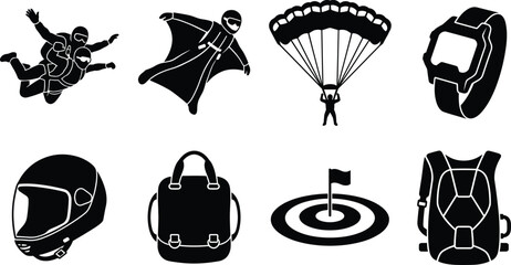 Skydiving and Wingsuit Sport Silhouette Vector Set with Parachute Equipment © Ayesha