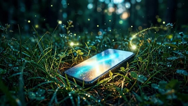 Smartphone glowing on dewy grass in enchanted forest with fireflies. Symbol for missing children awareness in wilderness