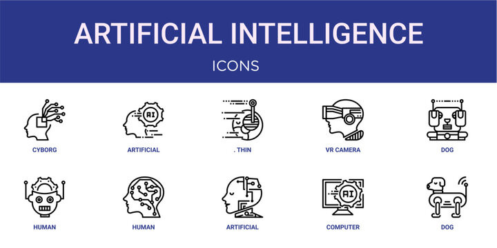 Set of 10 outline web Artificial Intelligence icons such as dog, computer, artificial intelligence, human, human, dog, vr camera vector icons for report, presentation, diagram, web design, mobile app