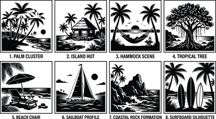 Obraz premium Set of black and white tropical beach and island silhouette icons