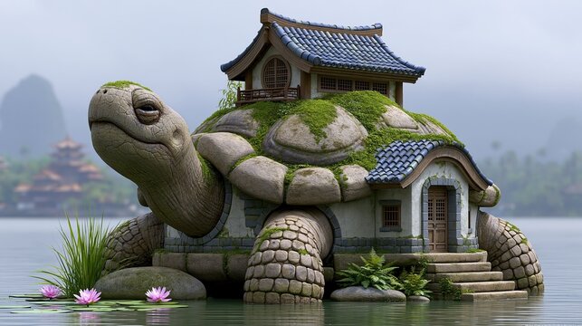 巨大な亀の背中に建てられた日本風の寺院。蓮の花が咲く池に佇む幻想的な生き物