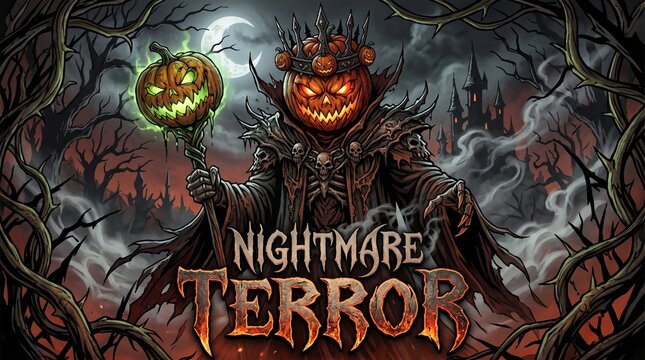 Spooky evil pumpkin king holding a staff in a haunted forest with Terror and Nightmare text, Halloween background, Generative AI.