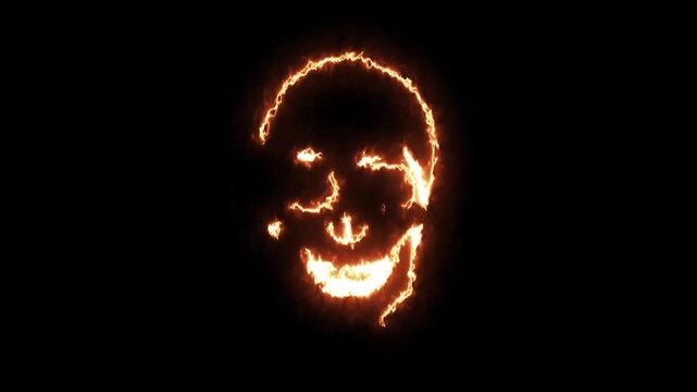 The appearance of a fiery skull on a black background. 4K