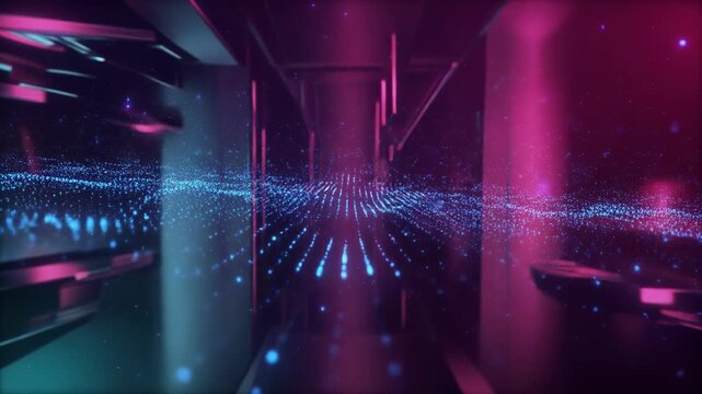 Abstract light trails in dark space with glowing particles