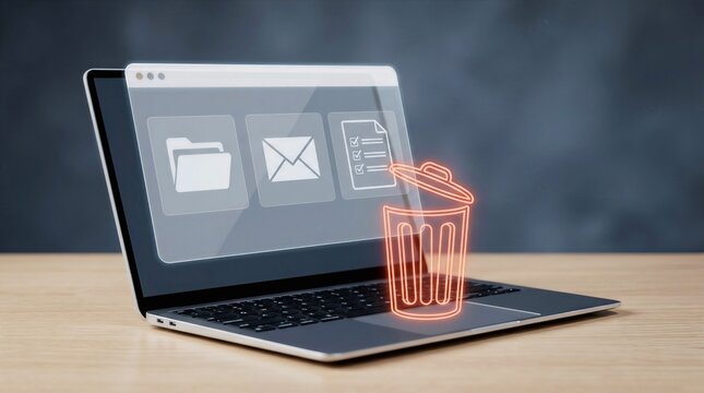 Digital Data Management and Deletion Concept: Laptop Screen with File Folders, Email, and Document Icons Being Moved to a Glowing Trash Can