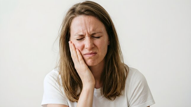 Young woman wearing a white shirt feeling intense toothache pain while holding her cheek against a plain neutral background