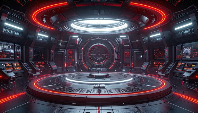 Futuristic Sci-Fi Spaceship Bridge with Neon Lights.