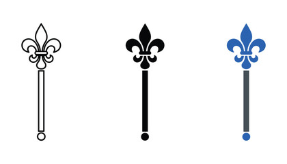 Three fleur de lis scepter icons in outline black and blue styles for royal crests and heraldic symbols © TARU STOCKPLC