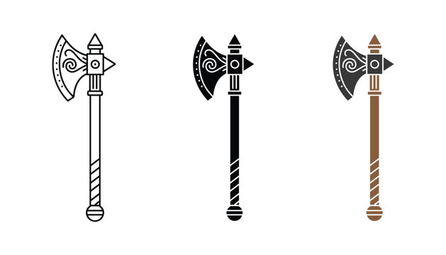Medieval battle axe icons in line art solid black and brown colored vector styles for gaming or fantasy design