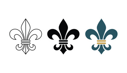 Set of three fleur de lis symbols in outline solid black and colored variations for heraldic design and vintage decorative patterns © TARU STOCKPLC