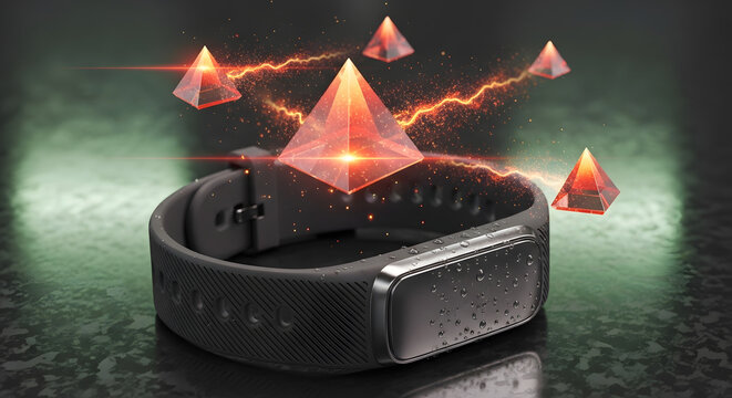 Smart fitness tracker with glowing red pyramids and energy sparks representing health data visualization while water droplets cover dark grey sport band surface on reflective floor.