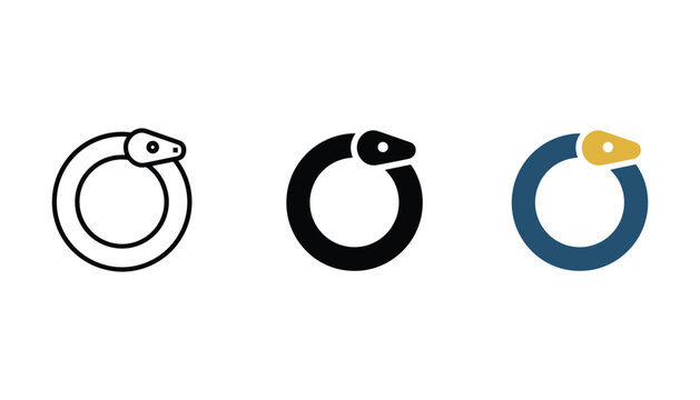 Ouroboros snake symbol vector icons set representing infinity and cyclical time in three graphic styles