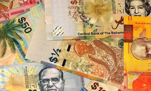 Bahamian dollar money bills in pile on table. Bahamas BSD currency cash close up