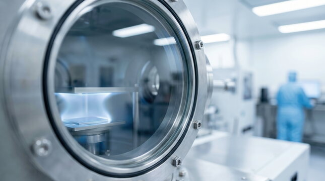 Advanced equipment with plasma discharge inside vacuum chamber in cleanroom, microchip fabrication development.