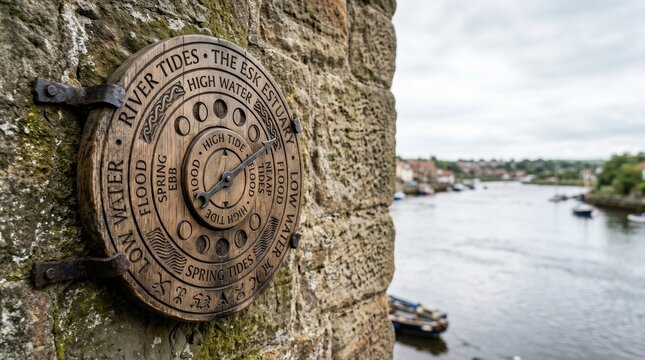 Tidal Gauge on Stone Wall by the River with Boats and Landscape