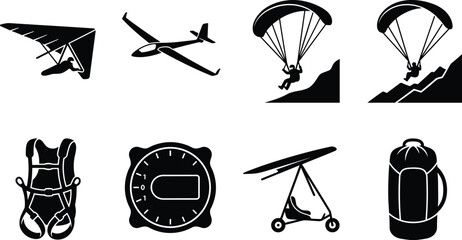 Paragliding and Hang Gliding Silhouette Vector Set with Flight Equipment © Ayesha
