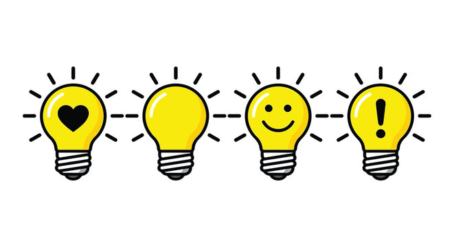 Four yellow lightbulbs with heart smile and exclamation point symbols vector illustration