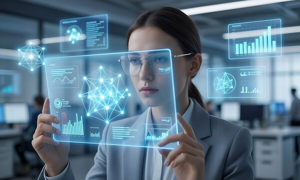 woman touching virtual screen