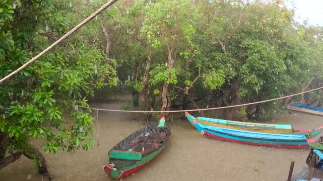 View of colorful wooden boats moored among lush trees in the Floating Village of Kampong Khleang, Siem Reap, Cambodia.