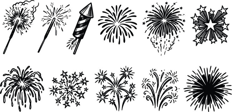 Hand drawn fireworks and celebration sparkles vector icon set featuring festive rockets exploding stars night bursts and party elements for holiday new year designs isolated on white background