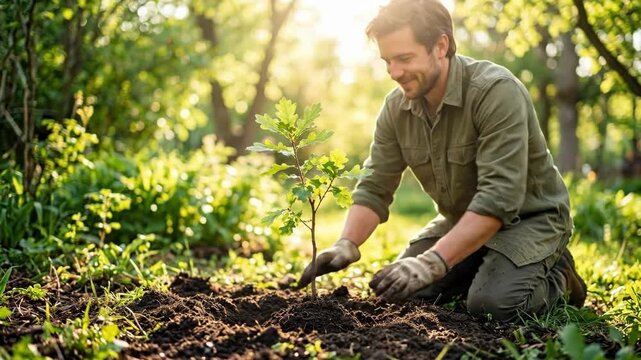 Man planting young oak sapling in forest soil. Gardener fostering environmental growth with gloved hands. Symbol of labor day outdoor work and spring renewal in nature conservation