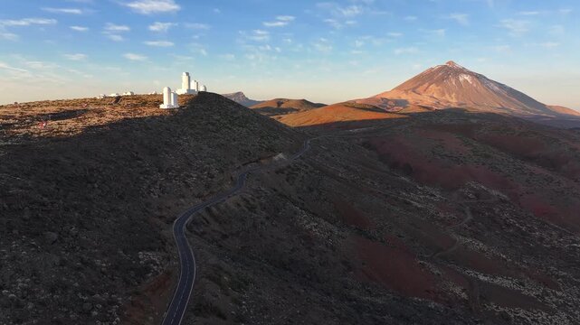 Cinematic Drone Flight Towards Mount Teide and Teide Observatory at Sunrise, Tenerife, Canary Islands, Spain