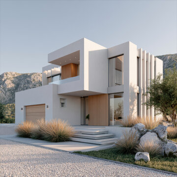 Modern house mountain side view minimalist white facade large window natural light landscape outdoor architecture