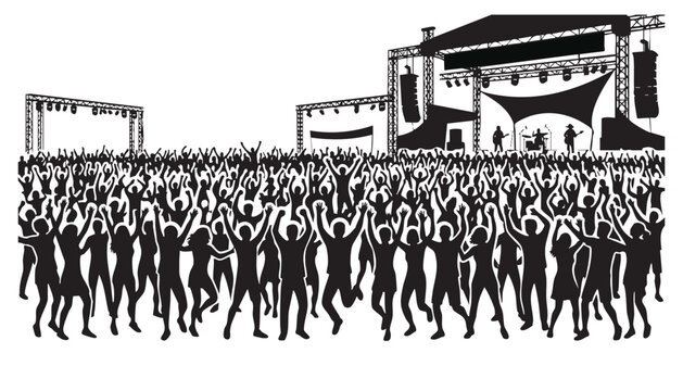 Black silhouette illustration of a large cheering crowd with hands raised at an open-air rock concert and music festival stage isolated on a white background