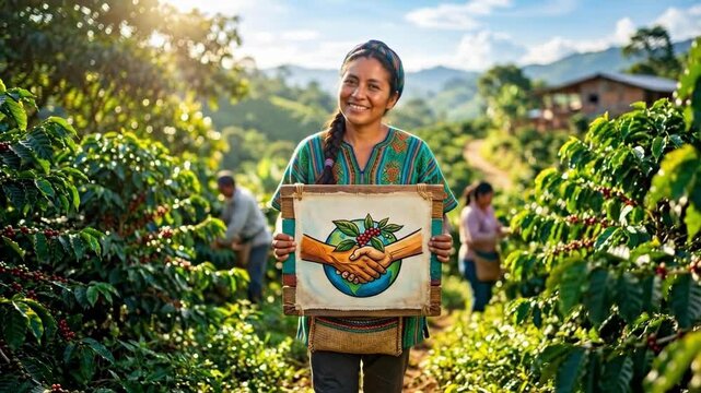 Indigenous woman farmer holding fair trade artwork with handshake over world and coffee beans in lush plantation. Concept of equitable trade and rural development in mountainous landscape