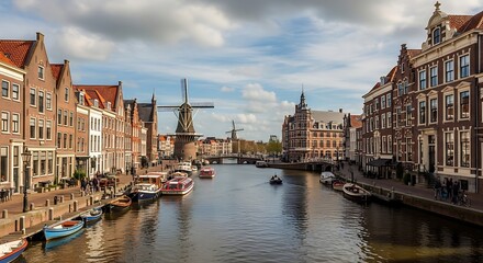 Obraz premium Canal waterway with historic architecture and windmills under a cloudy sky