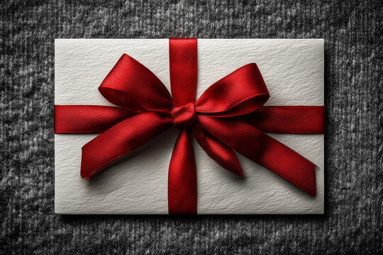Corrugated white wrapped present package decorated by silk red ribbon with bow, natural grey wool fabric background - top view