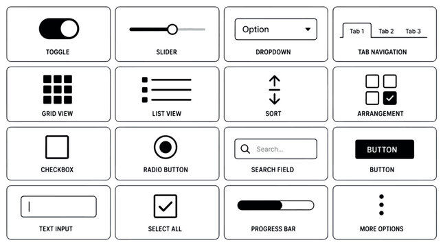 Collection of modern UI elements for web and app interfaces, including toggles, sliders, and.