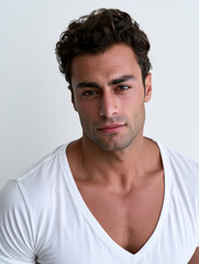 Fototapeta premium Confident young man with curly dark hair, strong jawline, wearing white v neck shirt, looking at camera, studio portrait, neutral background