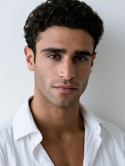 Fototapeta premium Confident young Arab man with curly hair, wearing white shirt, standing against white background, natural light, calm expression