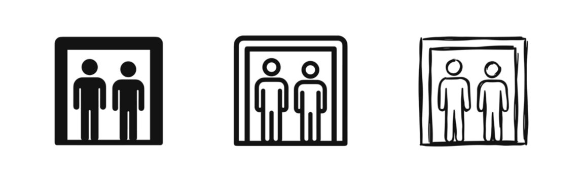 Elevator icon set, people in lift, vector illustration, flat, linear and hand drawn styles
