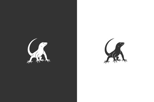 A minimalist silhouette of a lizard is presented in two distinct styles, one on a dark background and the other on a light one