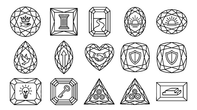 Collection of diamond cut shapes with symbolic line art icons inside gemstone facets.