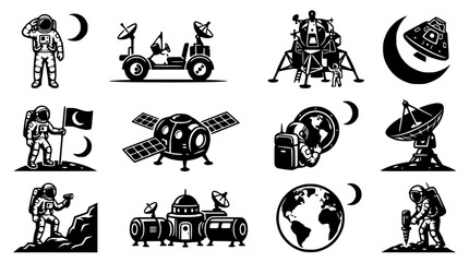 Space Exploration Icons: Astronauts, Moon Rover, Lunar Lander, Satellite, Earth © Akun