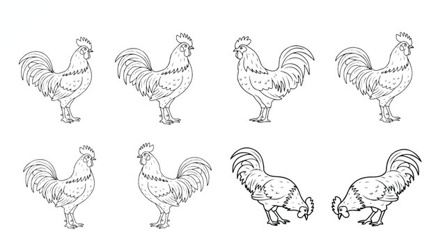 black and white illustration of roosters and chickens in various poses