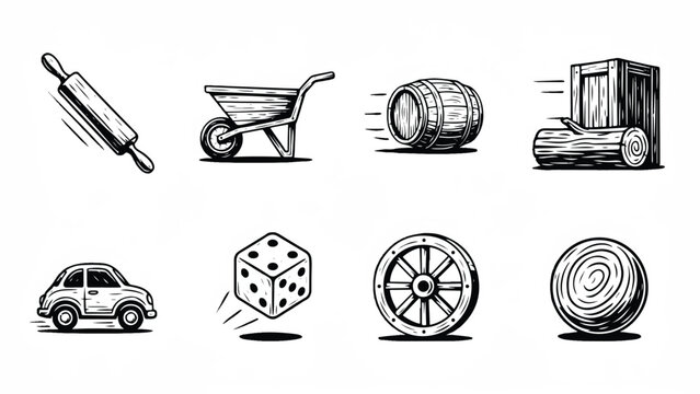 Black and white illustrations of various objects for design  rolling pin wheelbarrow barrel crate car dice wheel log