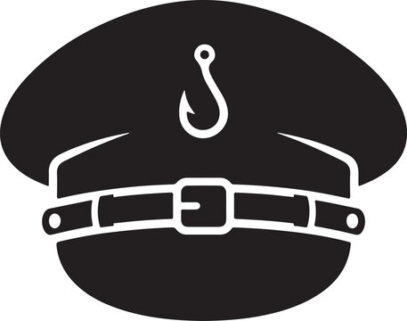 Solid black fishing captain hat icon with a central fish hook emblem and decorative buckled strap