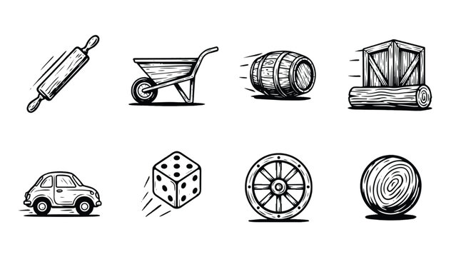 black and white line drawing of various objects  rolling pin to wheelbarrow