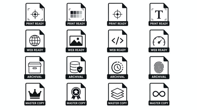 Collection of document icons representing print ready web ready archival and master copy files.